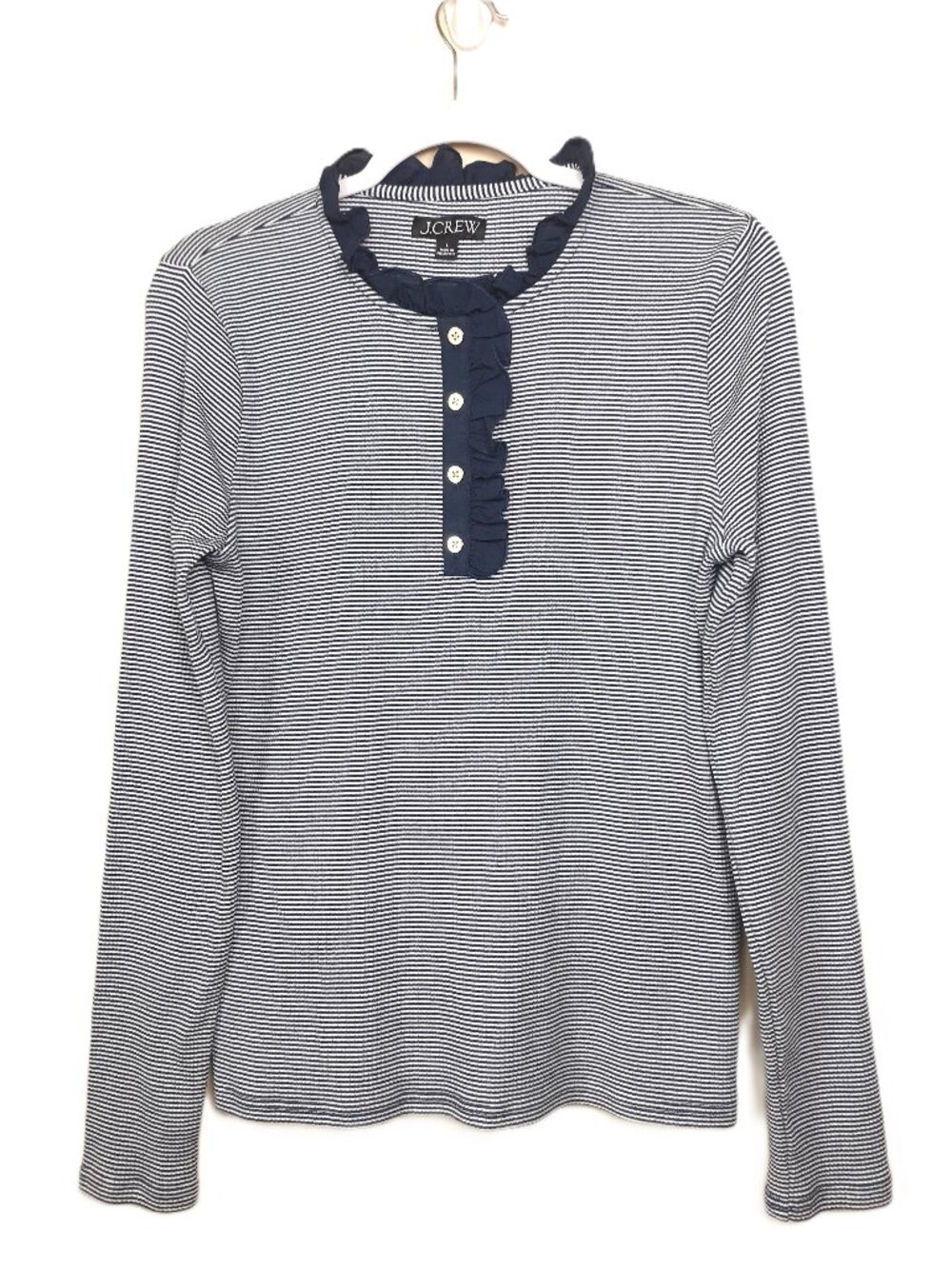 J. Crew Blue Striped Ruffled Trimmed Henley Knit Top Large Long Sleeves